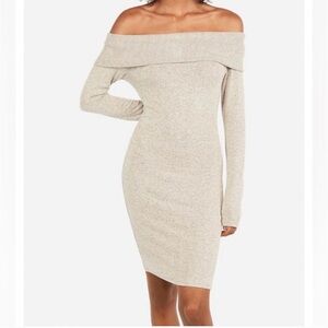 Express Off-Shoulder Knit Bodycon Dress in Oatmeal size small
